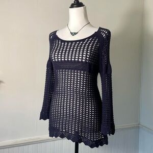 New Directions - Blue Crochet Knit Long Sleeve Flared Sleeves Top